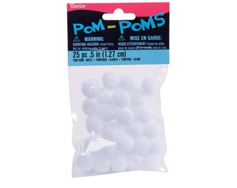 Pom Poms, White .5 in (1.27cm)  25 count