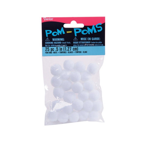 Pom Poms, White .5 in (1.27cm)  25 count