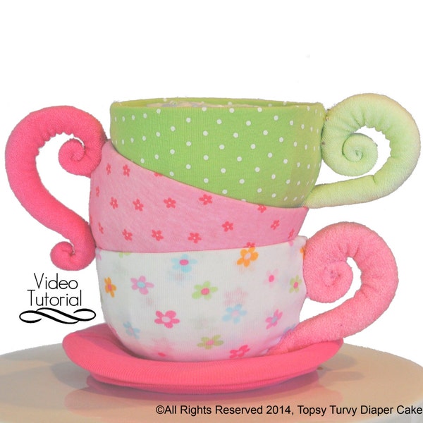 Diaper Cake Teacups, Baby Beanie Teacups, WashAgami ™. Pattern and Instructional Video (New HD quality video)