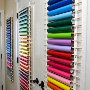 Vinyl Roll Holder, 25 Rolls, Vinyl Roll Storage, Vinyl Roll Organizer, 100% Cotton & Wood Dowels, Choice of Damage Free Hooks