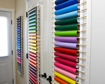 Vinyl Roll Holder, 25 Rolls, Vinyl Roll Storage, Vinyl Roll Organizer, 100% Cotton & Wood Dowels, Choice of Damage Free Hooks