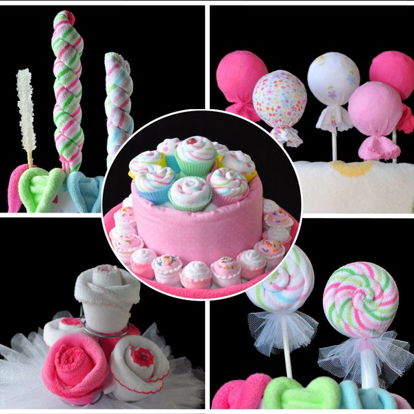 May include: A pink and white cake decorated with cupcakes and topped with a swirl of pink frosting. The cake is surrounded by pink and white lollipops and a bouquet of pink and white flowers.