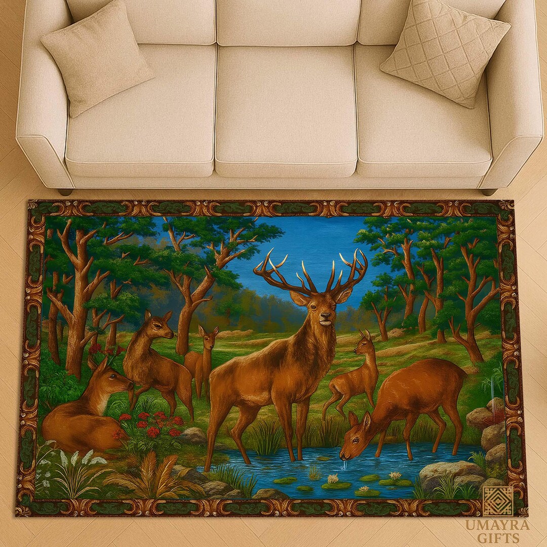 Vintage Deer Area Rug: Forest Landscape Gobelin Floor Rug, Rustic ...