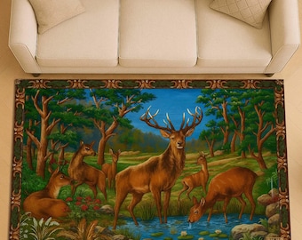 Vintage Deer Area Rug: Forest Landscape Gobelin Floor Rug, Rustic Carpet, Woodland Animal Boho