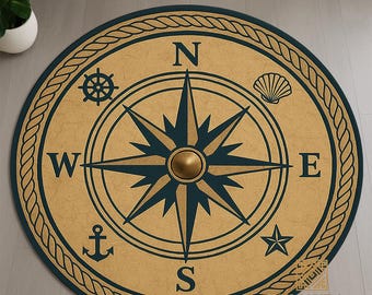 Nautical Compass Rug: Coastal Home Decor, Navy & Beige Beach House Carpet, Maritime Floor Mat