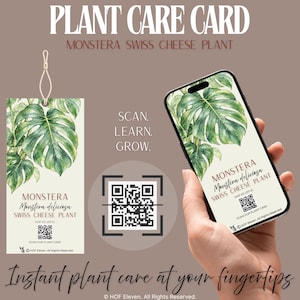 Puede incluir: Una tarjeta de cuidado de plantas rectangular y una pantalla de smartphone que muestran ilustraciones de Monstera Swiss Cheese Plant, texto y códigos QR. La tarjeta tiene un lazo para colgar y el teléfono muestra SCAN. LEARN. GROW.