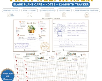 12 Month Plant Tracker Printable PDF, Blank Plant Care Card, Plant Notes Card, Houseplant Journal, US Letter A4 Digital Download