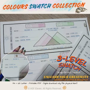 Puede incluir: Una colección de muestras de color PDF imprimibles con el texto "COLOURS SWATCH COLLECTION" en la parte superior. El diseño incluye muestras de color, información de la marca y el texto "3-LEVEL SWATCH".