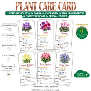May include: A set of six printable plant care cards featuring illustrations of African Violet, Gloxinia, Cyclamen, English Primrose, Florist Begonia, and Persian Violet. Each 2.5 x 5.0 inch card includes light, water, soil, and pet safety icons.