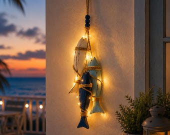 Coastal Wall Decor, Nautical Wooden Fish & Starfish Wall Hanging, Beach House Decor, Rustic Ocean Wall Art, Seaside Home Decoration