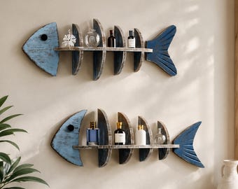 Coastal Fish Bone Wall Shelf, Handmade Nautical Wall Decor, Farmhouse Display Shelf, Wooden Fish Bone Organizer,Fish Wall Shelf Coastal Deco