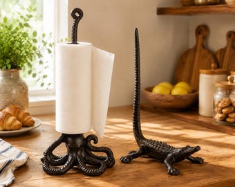 Octopus Paper Towel Holder,Weathered Copper Cast Iron Kitchen Decor,Cute Desk Accessory,Farmhouse Bathroom Ornament,Unique Gift for Him