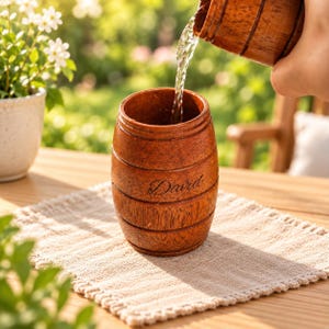 May include: A brown wooden barrel-shaped cup with the name David engraved on the side. The cup features horizontal bands and a smooth finish. Clear liquid is being poured into the cup from a matching wooden vessel held above the opening.