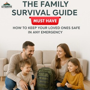 May include: Image of a family with two children smiling, gathered around a green backpack. Text at the top reads "THE FAMILY SURVIVAL GUIDE" with "MUST HAVE" in a red banner. The text below says "HOW TO KEEP YOUR LOVED ONES SAFE IN ANY EMERGENCY."