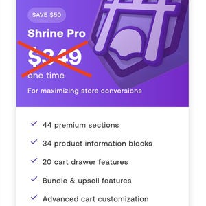 Peut inclure: Visuel violet avec le texte "Shrine Pro" et un prix barré. Il énumère des fonctionnalités telles que "44 sections premium" et "Personnalisation avancée du panier". Un élément architectural stylisé est visible en haut à droite.