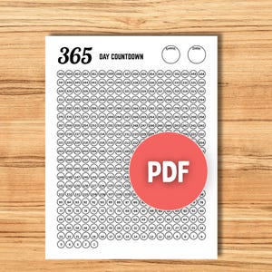 Calendario imprimible de 365 días con cuenta regresiva, elegante planificador diario de 365 días para vacaciones, cumpleaños y eventos. Descarga instantánea.