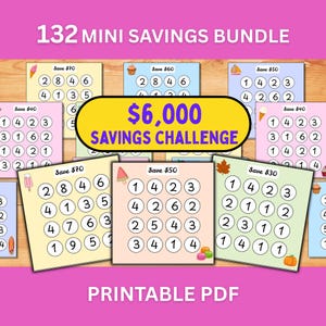 Può includere: Un pacchetto di 132 mini risparmi in PDF stampabile con diverse carte colorate recanti il testo $6,000 SAVINGS CHALLENGE. Ogni carta mostra vari importi di risparmio e griglie di cerchi numerati con piccole icone come gelati e foglie.