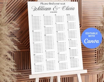 24x36 Seating Chart Alphabetical Template, Alphabet Seating Chart Template, Edit in Canva, Instant Download