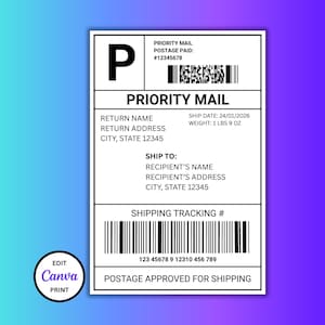 Priority Mail Label Template, Personalized Fake Mail Shipping Label for Gift Box, Gag Gift Mail Label, Edit in Canva, Instant Download