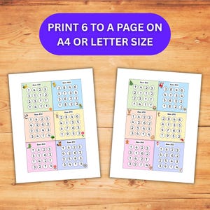 K&ouml;nnte beinhalten: Zwei druckbare Bl&auml;tter mit jeweils sechs Spar-Challenge-Gittern und dem Text PRINT 6 TO A PAGE ON A4 OR LETTER SIZE. Jedes Gitter enth&auml;lt nummerierte Kreise zur Verfolgung von Sparbetr&auml;gen, beschriftet mit Save $30, $40, $50, $60, $70 und $80.