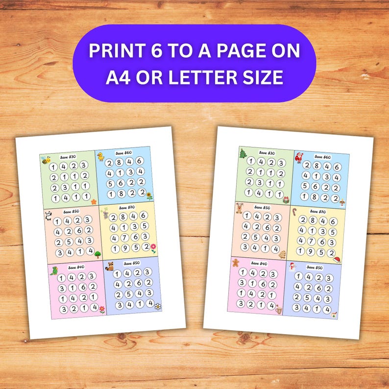 K&ouml;nnte beinhalten: Zwei druckbare Bl&auml;tter mit jeweils sechs Spar-Challenge-Gittern und dem Text PRINT 6 TO A PAGE ON A4 OR LETTER SIZE. Jedes Gitter enth&auml;lt nummerierte Kreise zur Verfolgung von Sparbetr&auml;gen, beschriftet mit Save $30, $40, $50, $60, $70 und $80.
