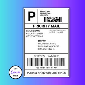 May include: A rectangular white shipping label with black text and barcodes. It features the text PRIORITY MAIL, a large letter P, a tracking number 123 45678 9 12310 456 789, and a weight of 1 lbs 9 oz. A circular black and white Canva logo is in the corner.