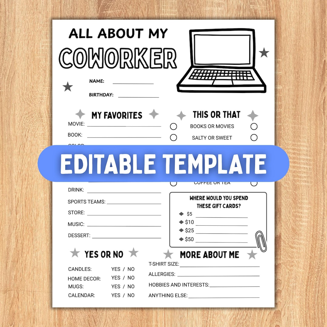 All About My Coworker Printable Questionnaire Template, Coworker ...