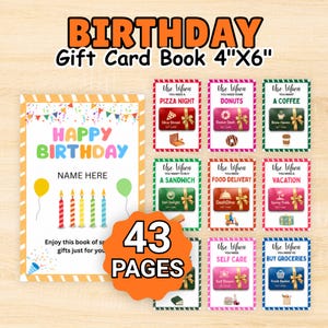 Könnte beinhalten: Ein 4"x6" großes Geburtstags-Geschenkkartenbuch mit 43 Seiten. Das Cover zeigt den Text "HAPPY BIRTHDAY" und "NAME HERE" mit bunten Kerzen und Luftballons. Die Innenseiten enthalten "Use When"-Vordrucke für Pizza, Donuts, Kaffee und mehr.
