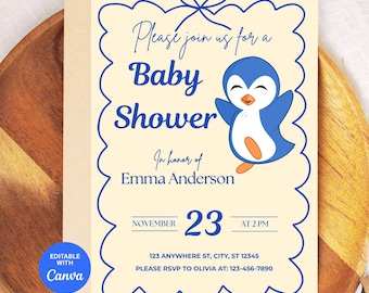 May include: Baby shower invitation featuring a blue penguin illustration. The invitation has a light yellow background with blue text that reads "Please join us for a Baby Shower" and details for Emma Anderson. The invitation is editable with Canva.