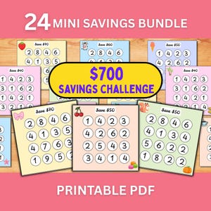 May include: A 24 mini savings bundle printable PDF featuring a $700 savings challenge. The collection includes multiple square cards in various pastel colors, each displaying a grid of numbered circles and small icons like fruit, animals, and sweets.