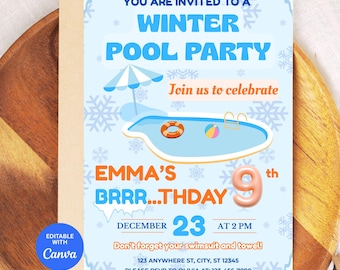 Winter Pool Party Invitation Editable Template, Winter Birthday Invite, Edit in Canva, Instant Download