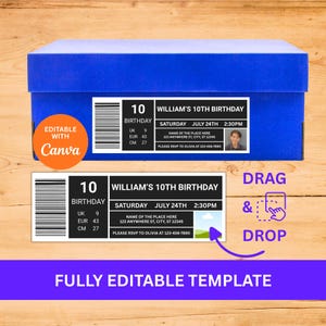 May include: A blue rectangular box featuring a black and white ticket-style label with the text William's 10th Birthday, Saturday July 24th, 2:30PM, and a placeholder for a photo. Below, a matching editable template label shows a landscape graphic.