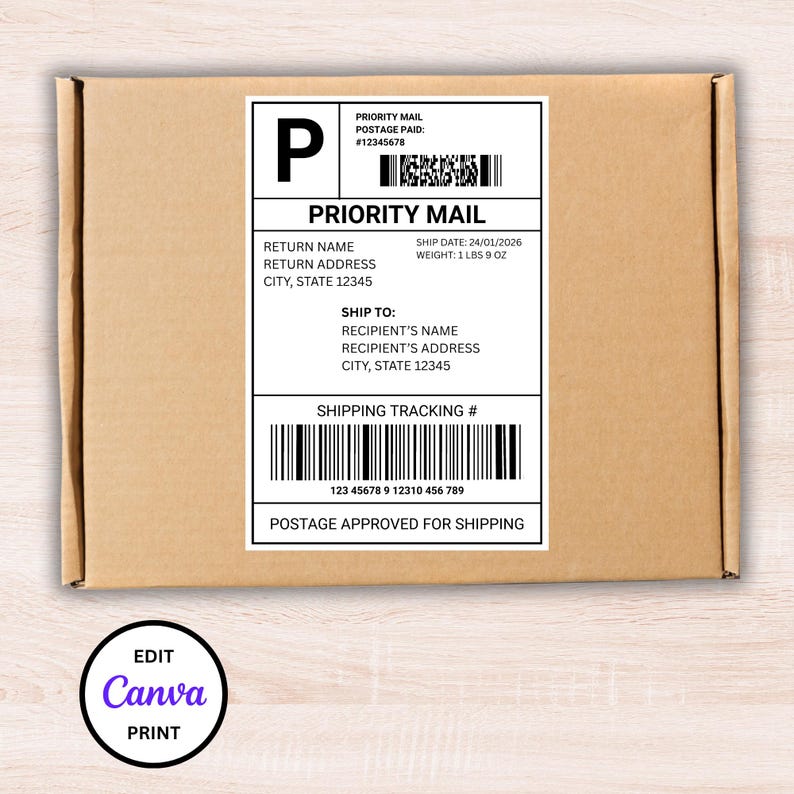 Priority Mail Label Template, Personalized Fake Mail Shipping Label for