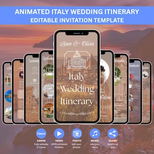 May include: An animated Italy wedding itinerary template displayed on several smartphones. The design features a cityscape, the words "Italy Wedding Itinerary", and icons for video, photo, music, and sharing. The template is fully editable in Canva.