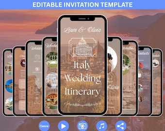 Puede incluir: Plantilla de itinerario de boda animada en Italia, mostrada en varios smartphones. El diseño presenta un paisaje urbano, el texto "Italy Wedding Itinerary" e iconos para vídeo, foto, música y compartir. Totalmente editable en Canva.
