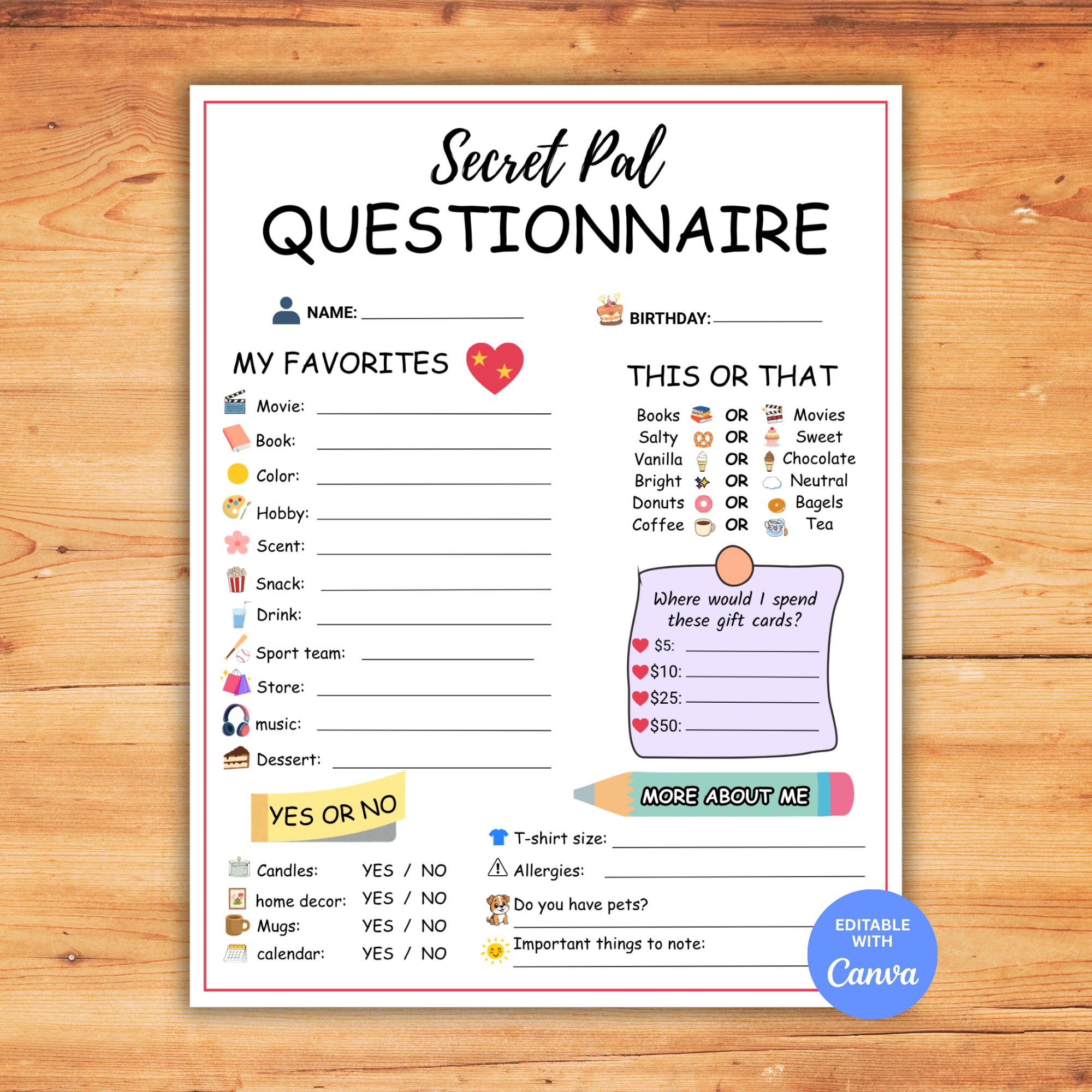 Secret Pal Questionnaire.pdf Secret Pal Questionnaire Printable, Secret Pal Notes, Survey, My Wish ...