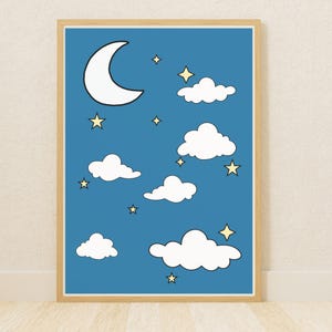 May include: A framed print featuring a whimsical night sky scene. The artwork showcases a white crescent moon, fluffy white clouds, and yellow stars against a vibrant blue background. The design has a cartoonish style, perfect for a nursery or children's room.