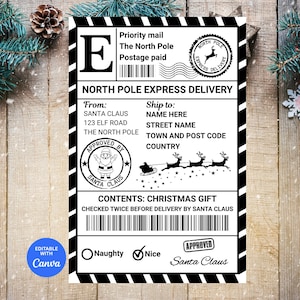 May include: A black and white North Pole Express Delivery label with text including "Santa Claus", "Christmas Gift", and "Nice". The label features a stamp, a sleigh with reindeer, and a "Checked Twice" message.