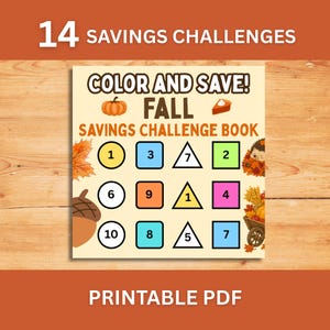 Pode incluir: Uma folha de desafio de poupança imprimível intitulada Color and Save! Fall Savings Challenge Book. Apresenta uma grelha de formas incluindo círculos, quadrados e triângulos com números, decorada com ilustrações de abóbora, tarte e folhas.