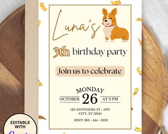 Corgis Geburtstagseinladungskarte bearbeitbare Vorlage Canva, Corgis Jubiläumskarte, Hund Welpe Geburtstagsfeier einladen, Sofort Download