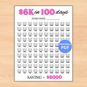 May include: A white printable savings tracker with pink text reading "$6K in 100 days." The tracker includes spaces for tracking savings goals, with amounts from $10 to $100. A blue circle with "Printable PDF" is in the corner.