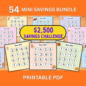 May include: A 54 mini savings bundle printable PDF featuring a $2,500 savings challenge. The collection includes multiple square cards in various pastel colors, each displaying a savings goal amount and a grid of circles containing numbers.