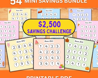 May include: A 54 mini savings bundle printable PDF featuring a $2,500 savings challenge. The collection includes multiple square cards in various pastel colors, each displaying a savings goal amount and a grid of circles containing numbers.