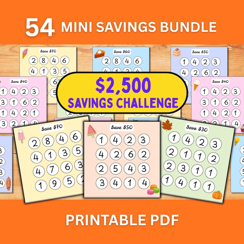 K&ouml;nnte beinhalten: Ein 54-teiliges Mini-Spar-Bundle als druckbares PDF mit einer 2.500-Dollar-Spar-Challenge. Die Sammlung enth&auml;lt mehrere quadratische Karten in verschiedenen Pastellfarben, die jeweils ein Sparziel und ein Raster mit nummerierten Kreisen zeigen.