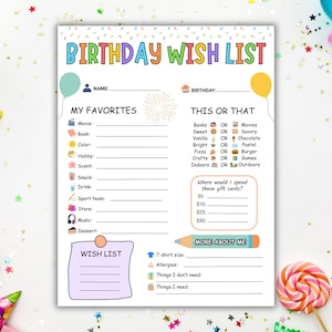 May include: A white birthday wish list activity sheet featuring colorful text, balloons, and icons. The document includes sections for favorites, a this or that game, a wish list, and personal details like t-shirt size and allergies.