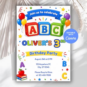 Op de afbeelding: Een kleurrijke verjaardagsuitnodiging met de tekst "Join us to celebrate" en "Oliver's 3rd Birthday Party." Het ontwerp bevat ABC-blokken, ballonnen, sterren en het Canva-logo. De uitnodiging bevat de datum, tijd en RSVP-informatie.
