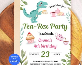 Plantilla editable para invitación a fiesta de té con dinosaurios, fiesta de té de dinosaurios, edita en Canva, descarga instantánea