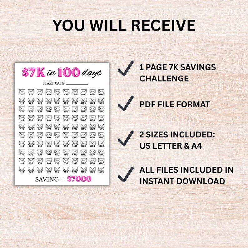 7k 100 Days Savings Challenge Printable PDF (instant Download) - Etsy