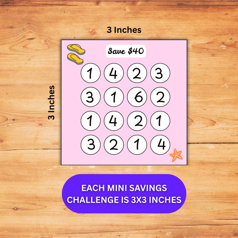 K&ouml;nnte beinhalten: Eine quadratische, rosafarbene Spar-Challenge-Karte mit den Ma&szlig;en 7,62 x 7,62 cm. Die Karte zeigt ein Raster aus sechzehn Kreisen mit Zahlen, ein Save $40-Etikett, gelbe Flip-Flop-Symbole und einen orangefarbenen Seestern. Der Text gibt 3x3 Zoll an.