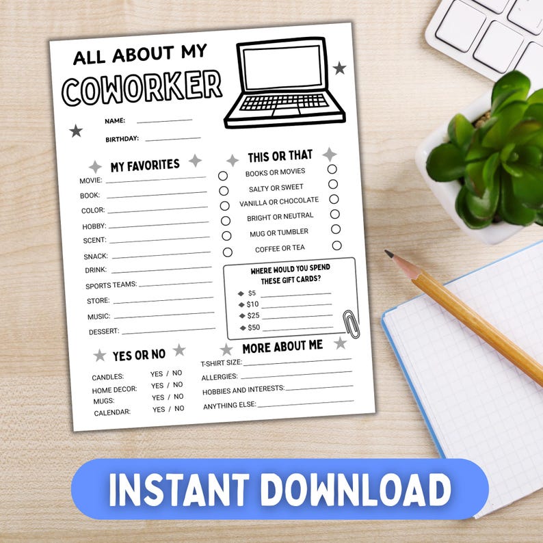 All About My Coworker Printable Questionnaire Template, Coworker ...